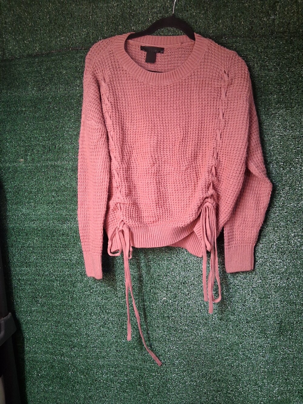 Pink Crewneck Lace-Up Side Drawstring Sweater